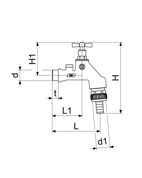Technische Zeichnung eines Auslaufventils mit DIN Zertifizierung und Maßangaben für Höhe, Länge und Gewindedurchmesser.