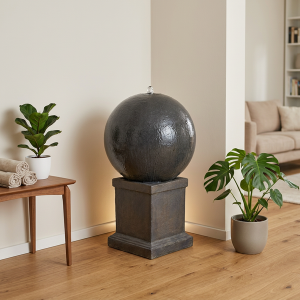 Ein moderner Kugelbrunnen auf einem quadratischen Sockel steht im Innenraum als Dekoration neben einer Monstera Pflanze und einem Holztisch.