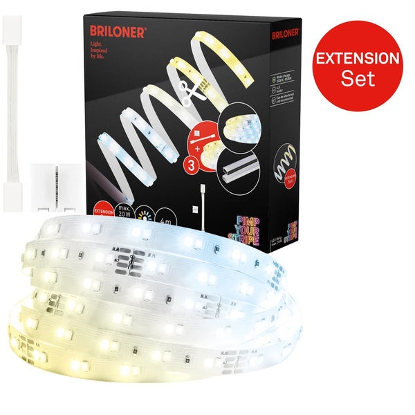 Briloner LED-Streifen Erweiterungsset, 4 Meter, Farbtemperatursteuerung von 3000 bis 6500 Kelvin, kürzbar und verbindbar.