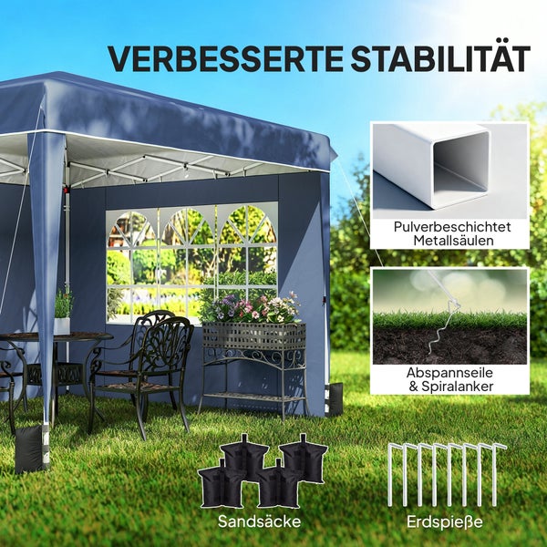 Blauer Gartenpavillon mit Fenstern und Zubehör für hohe Stabilität wie Metallsäulen, Abspannseilen, Spiralankern, Sandsäcken und Erdspießen.