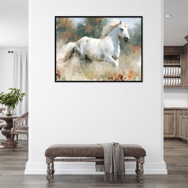 Wandbild mit laufendem Pferd als Motiv in einem Wohnraum mit Sitzbank und Decke vor weißer Wand