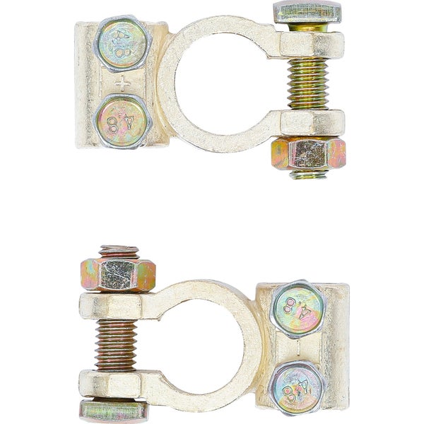 Zwei Batteriepolklemmen aus Metall mit Schrauben und Muttern, eine mit Pluszeichen markiert.