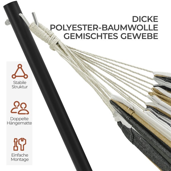 Detailansicht einer Hängematte mit Gestell, die stabile Struktur, doppelte Liegefläche und einfache Montage zeigt.