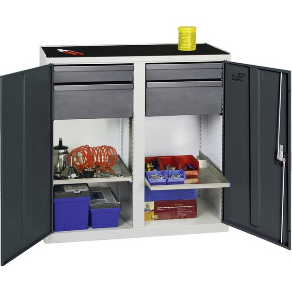 Wertstoffsammler aus Metall mit zwei Flügeltüren, Bogengriffen und blauer Einwurfklappe.