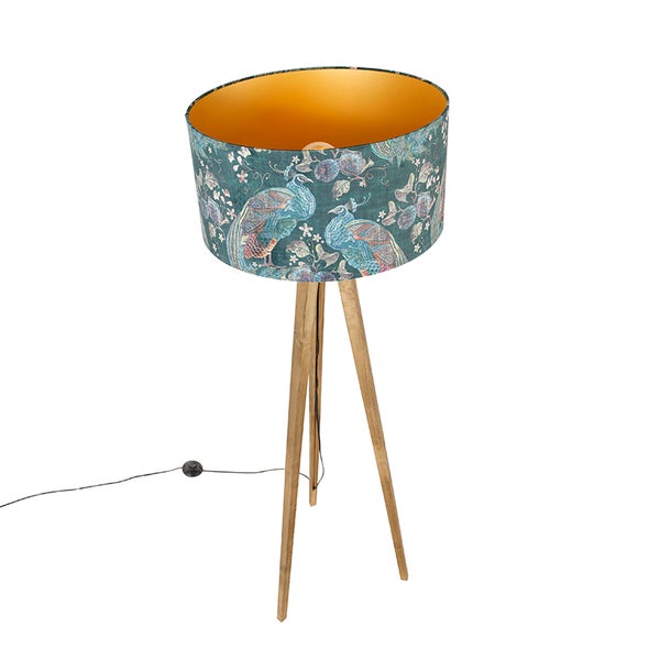 Stehlampe mit Stoffschirm und Vogelmuster auf Holzfuß