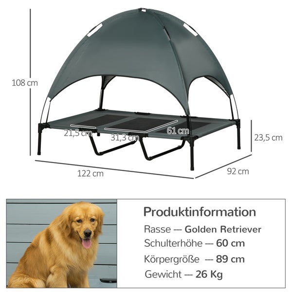 PawHut Hundebett, L122 x B92 x H108 cm, Metall, Oxford, Netzstoff, Taftstoff, Grau+Schwarz