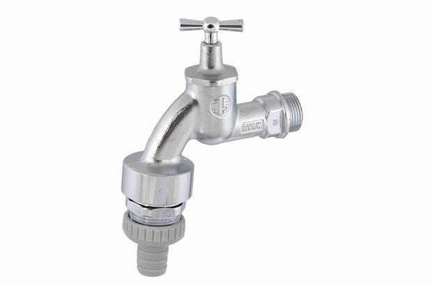 Auslaufventil mit Knebelgriff und Schlauchanschluss aus verchromtem Metall.