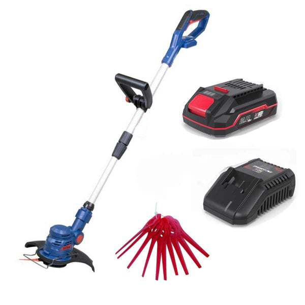 Akku-Rasentrimmer-Set inklusive 18 Volt Akku, Ladegerät und Ersatzmessern aus Kunststoff.