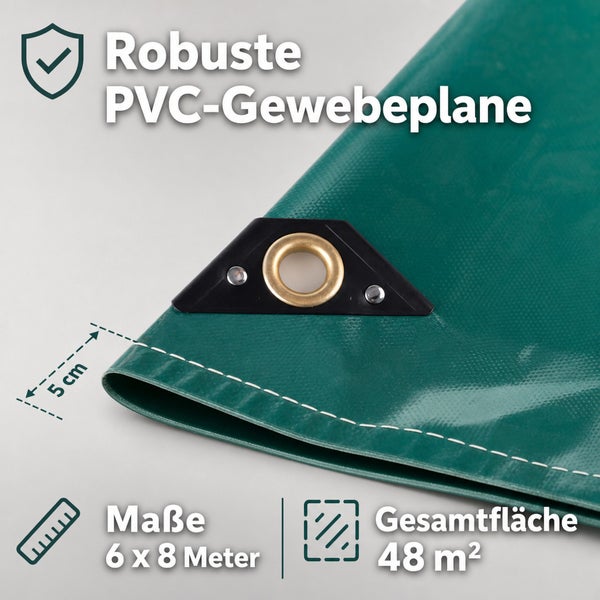 Robuste PVC Gewebeplane mit Randverstärkung, Metallöse und Eckverstärkung in 6 mal 8 Meter Größe für eine Gesamtfläche von 48 Quadratmetern.