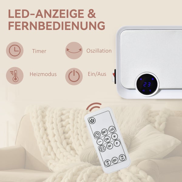 Elektrisches Heizgerät mit LED-Anzeige und Fernbedienung. Funktionen umfassen Timer, Oszillation, Heizmodus und Ein-Aus-Schalter.
