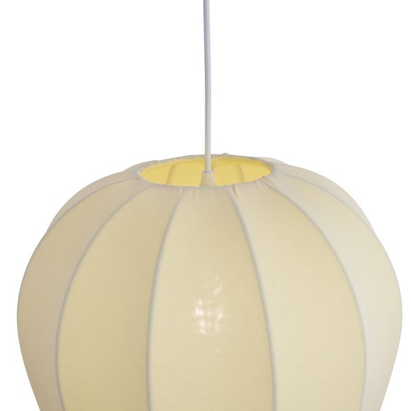 Runde cremefarbene Pendelleuchte aus Textil mit gerippter Struktur und weißem Kabel.