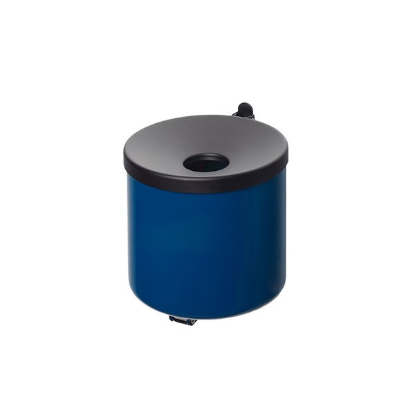 Blauer Windaschenbecher aus Metall mit schwarzem Deckel und runder Öffnung.
