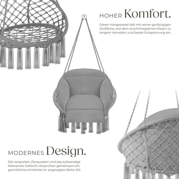 Grauer Hängesessel im Boho-Stil aus Makramee-Geflecht mit Zierquasten und weichen Sitzkissen für hohen Komfort.