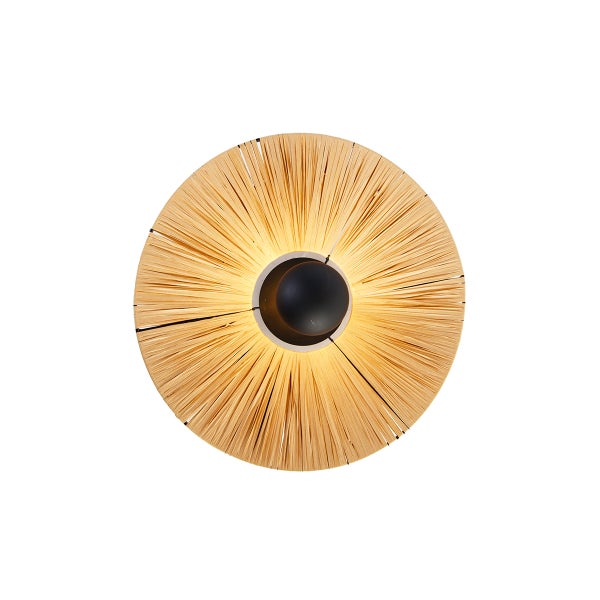 Runde Wandleuchte oder Deckenleuchte aus Bast mit schwarzem Mittelpunkt.