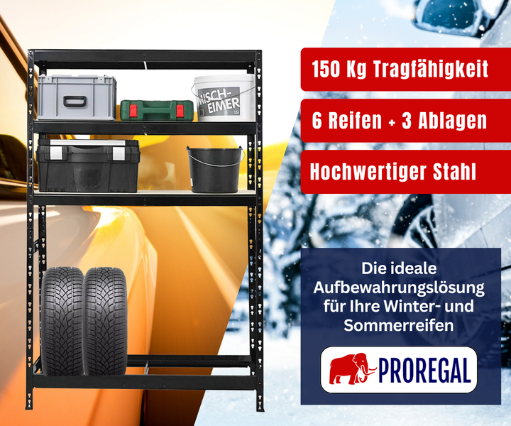 Schwarzes Metallregal von Proregal für Reifen und Werkzeug, drei Ablageflächen, belastbar bis 150 Kilogramm. Proregal Logo.