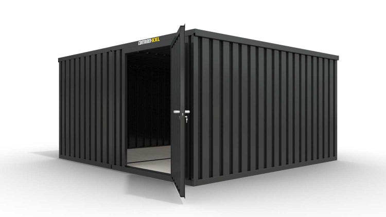 Lagercontainer Gerätehaus XL2  – 21 qm, H2150 x B5080 x T4340 mm, Außenwandlackierung anthrazit, Dach außen verzinkt, mit Holzfußboden, 1270 mm Einflügeltür mittig in Modul D, montiert