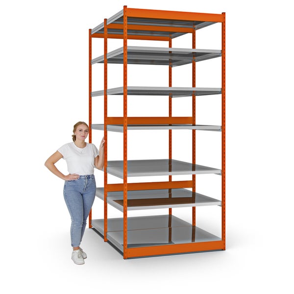 PROREGAL Fachbodenregal Stecksystem Vierkant-Profil Grundregal HxBxT 300 x 132,5 x 80 cm 2x7 Ebenen Doppelseitige Bauart Fachlast 200 kg Orange