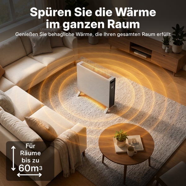 Ein Konvektor Heizgerät in einem modern eingerichteten Wohnzimmer mit visualisierter Wärmeverteilung für Räume bis zu 60 Kubikmeter.
