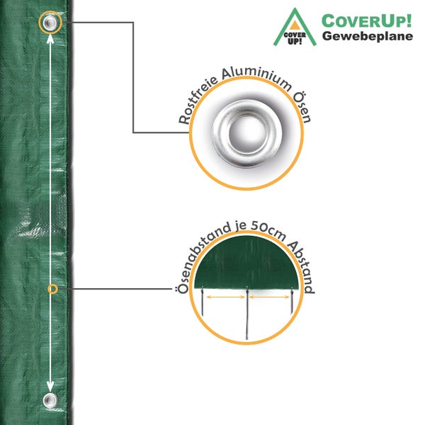 CoverUp! (6x10 m) Gewebeplane - Farbe: Grün, 120g/m² - Beständigkeit durch verstärkte Gummiecken & rostfreie Ösen - Abdeckplane mit UV-Schutz - Plane inkl. 34m Seil