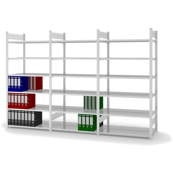PROREGAL Aktenregal Stecksystem T-Profil Grundregal HxBxT 200 x 100 x 60 cm 6 Ebenen Fachlast 90 kg Beidseitig Nutzbar Lichtgrau