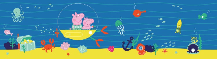 Illustration einer Unterwasserwelt mit Peppa Pig in einem U-Boot, Fischen, einem Oktopus und einer Schatztruhe