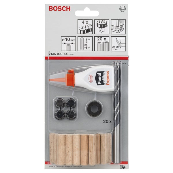 Bosch Holzdübel-Set 10 Millimeter mit 20 Holzdübeln, Holzbohrer, Tiefenstopp, 4 Markierspitzen und Ponal Express Holzleim.