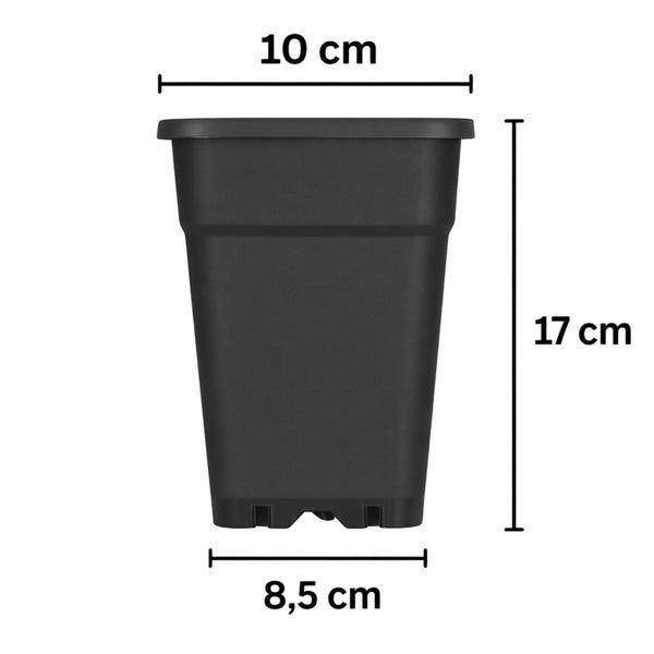 Quadratischer Pflanztopf mit Maßangaben: 10 Zentimeter oben, 8,5 Zentimeter unten und 17 Zentimeter Höhe.