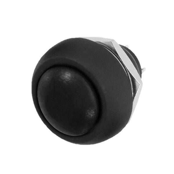 Drucktaster mit schwarzem Rundknopf, Metallmutter zur Befestigung und schwarzem Gehäuse.