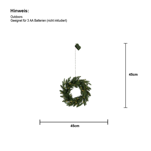 Weihnachtlicher Türkranz mit Beleuchtung, Durchmesser 45 cm, für den Außenbereich geeignet