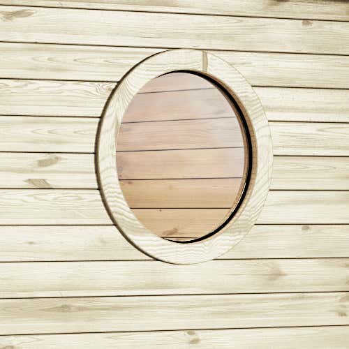 Rundfenster in einer Wand mit Holzverkleidung.