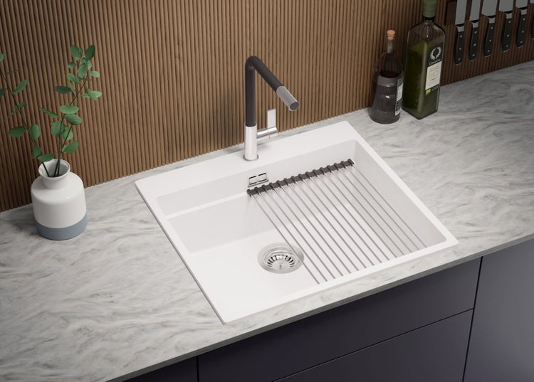 PRIMAGRAN Spülbecken Alles Weiß 58x53cm, Granitspüle 1 Becken + Ablauf-Set + Aufrollbare Abtropffläche, Küchenspüle ab 60er Unterschrank - Oslo Max