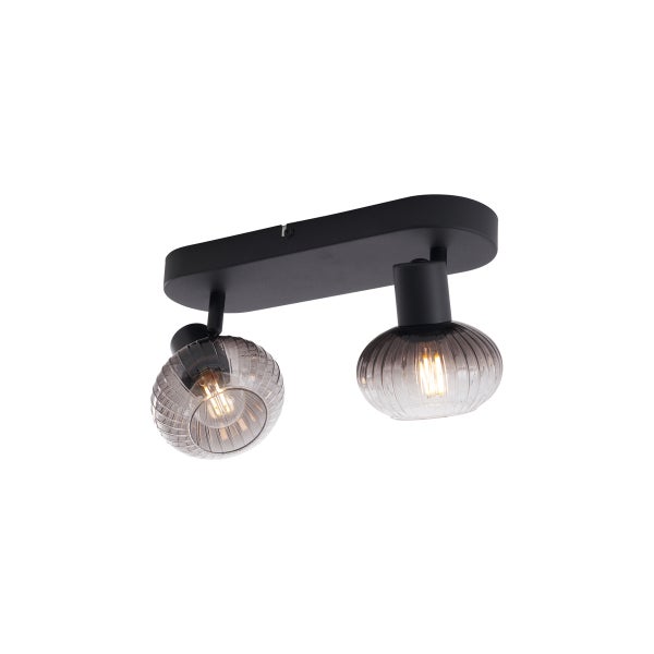 Deckenleuchte mit zwei Strahlern und grauen Glasschirmen