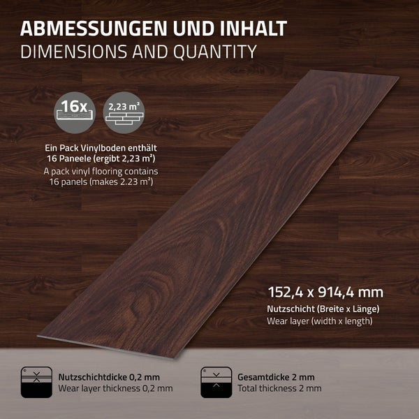 Infografik zu Vinylboden mit Angaben zu Packungsinhalt 16 Paneele, 2,23 Quadratmeter, Paneelmaß 152,4 mal 914,4 Millimeter und Stärkenangaben.