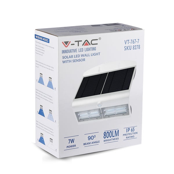 Verpackung einer V-Tac Solar LED Wandleuchte mit Sensor, 7 Watt, 90 Grad Abstrahlwinkel, 800 Lumen und Schutzart IP65