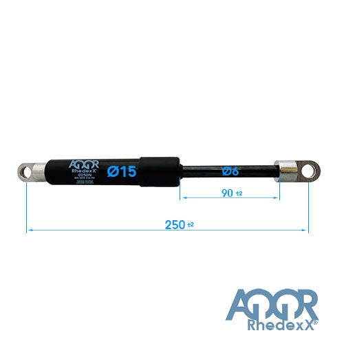 AQQR Rhedexx Gasdruckfeder, Länge 250 Millimeter, Hub 90 Millimeter, Durchmesser 15 Millimeter und 6 Millimeter. AQQR Rhedexx Logo.