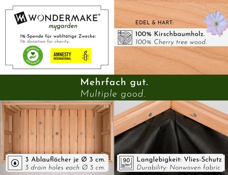 Wondermake Mygarden Produktinformationen: Spende für wohltätige Zwecke, Kirschbaumholz, drei Ablauflöcher und Vliesschutz