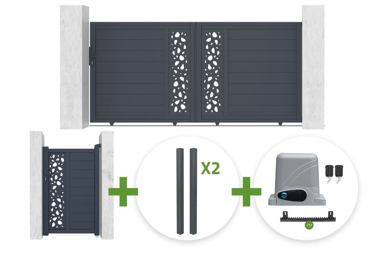 Schiebetor-Set bestehend aus einem zweiflügeligen Tor mit dekorativem Lochmuster, einer Gartentür, zwei Pfosten und einem elektrischen Torantrieb.