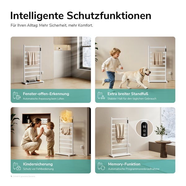 Infografik zeigt Funktionen eines elektrischen Handtuchheizkörpers: Fenster-offen-Erkennung, breiter Standfuß, Kindersicherung und Memory-Funktion.