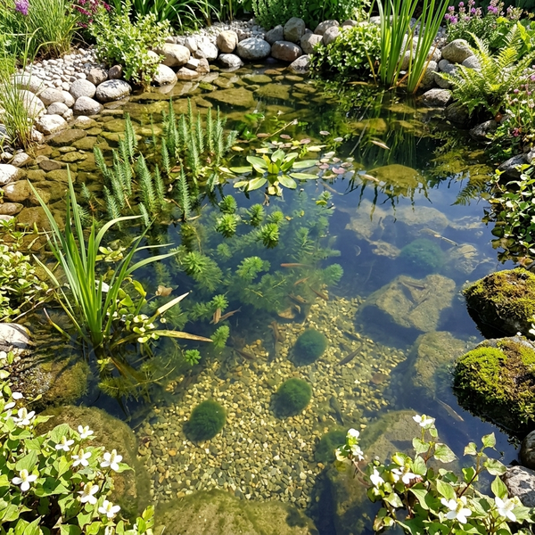 Naturnah angelegter Gartenteich mit klarem Wasser, verschiedenen Wasserpflanzen, Steinen und kleinen Fischen.