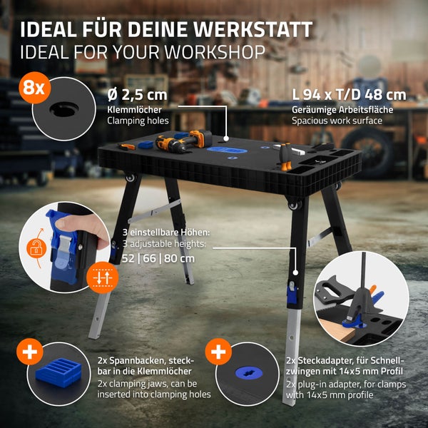 ECD Germany 5 in 1 Multifunktionale Werkbank klappbar, 94x48x80 cm, Mobile Werktisch, 150kg, Arbeitstisch Werkstatt höhenverstellbar, Aufgedruckte Skala & Winkelangaben, Rollwagen Rollbrett Sägebock