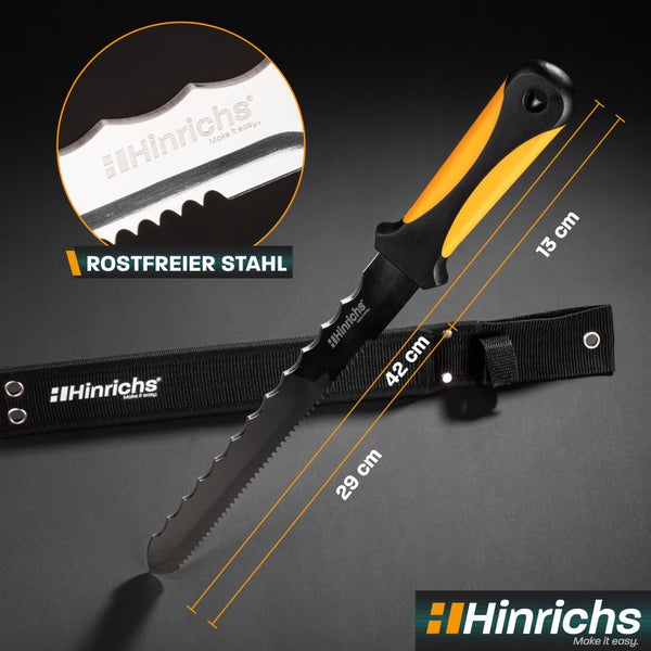 Hinrichs Dämmstoffmesser aus rostfreiem Stahl mit einer Gesamtlänge von 42 Zentimeter, Klingenlänge 29 Zentimeter und schwarzer Messerscheide.