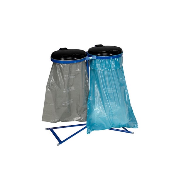 Müllsackständer für zwei Müllsäcke mit schwarzen Deckeln und blauem Metallgestell zur Abfalltrennung.