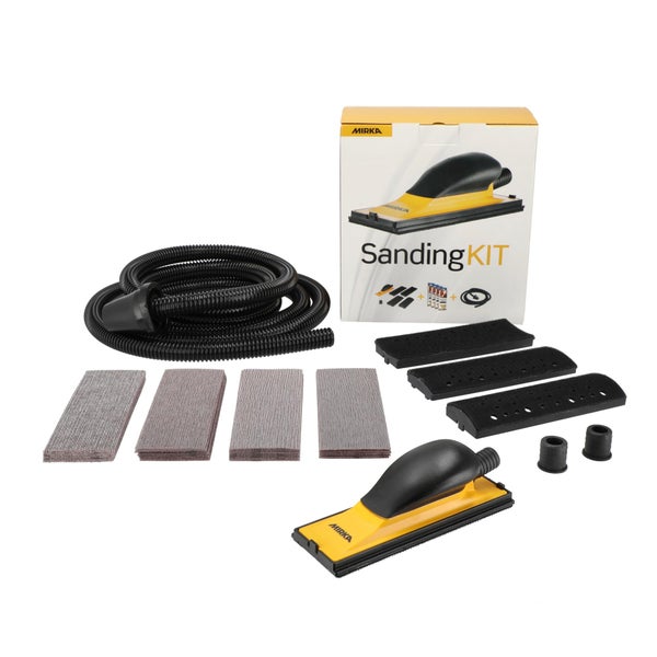 Mirka Handblock Kit / Handschleifer mit konvex und konkav  Aufsätzen / für 70x198mm Schleifstreifen Klett + 40x Abranet Schleifstreifen, 4m Absaugschlauch, Adapter