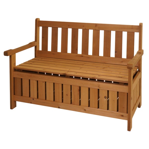 Gartenbank aus Holz mit integrierter Auflagenbox, Rückenlehne und Armlehnen.