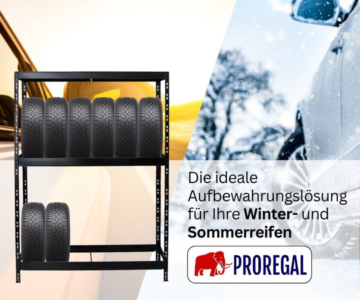 Robustes Reifenregal aus Metall für die Lagerung von Winter- und Sommerreifen auf zwei Ebenen. Proregal Logo.