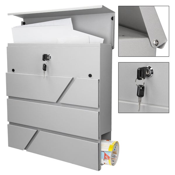 ECD Germany Briefkasten mit Zeitungsfach, Hellgrau, 37x11x37 cm, aus Edelstahl pulverbeschichtet, inkl. 2 Schlüssel, Montagematerial, Moderner Design Wandbriefkasten, Postkasten Mailbox Zeitungsrolle