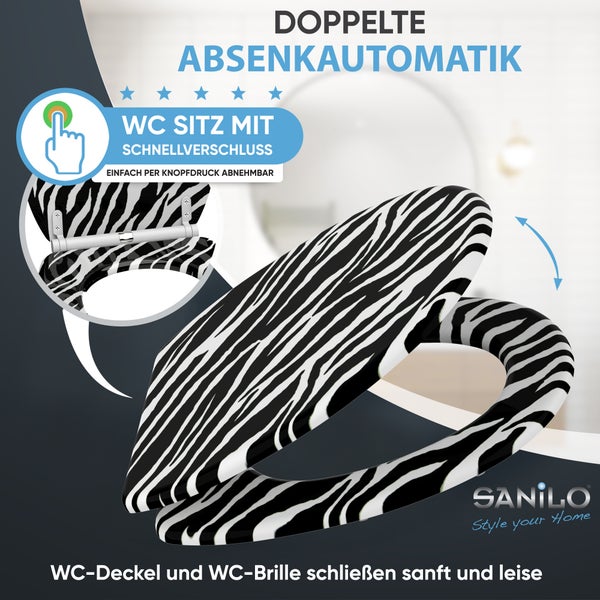 Sanilo Toilettensitz mit Zebra-Muster, doppelter Absenkautomatik und Schnellverschluss per Knopfdruck. Sanilo Logo.