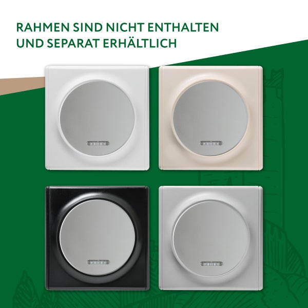 Vier quadratische Lichtschaltereinsätze mit rundem Bedienelement. Rahmen sind nicht enthalten und separat erhältlich.