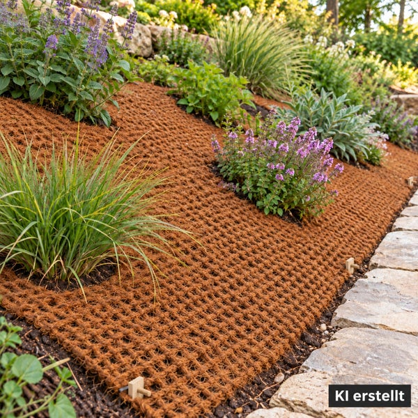 Böschungsmatte aus Kokosfaser als Erosionsschutz für bepflanzte Gartenhänge mit Befestigungsankern.
