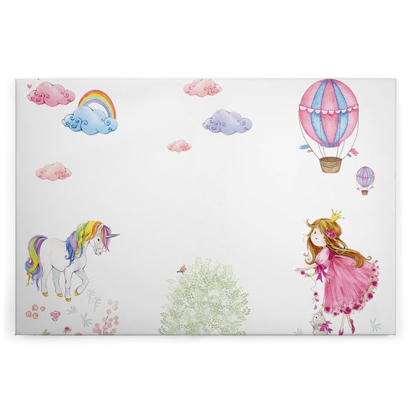 Wandbild mit kindlichem Motiv von Einhorn, Prinzessin, Heißluftballon und Regenbogen im Aquarell Stil